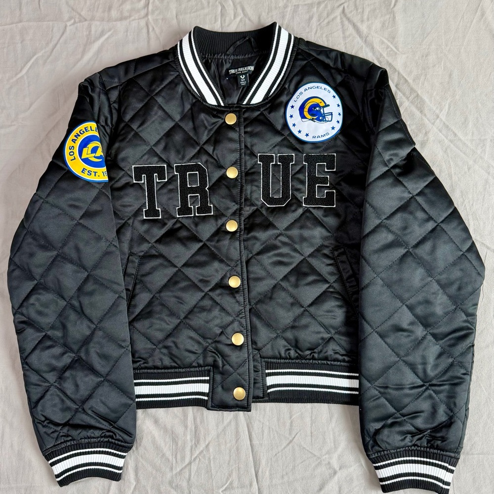 True Religion Black Bomber Jacket with Gold Accents